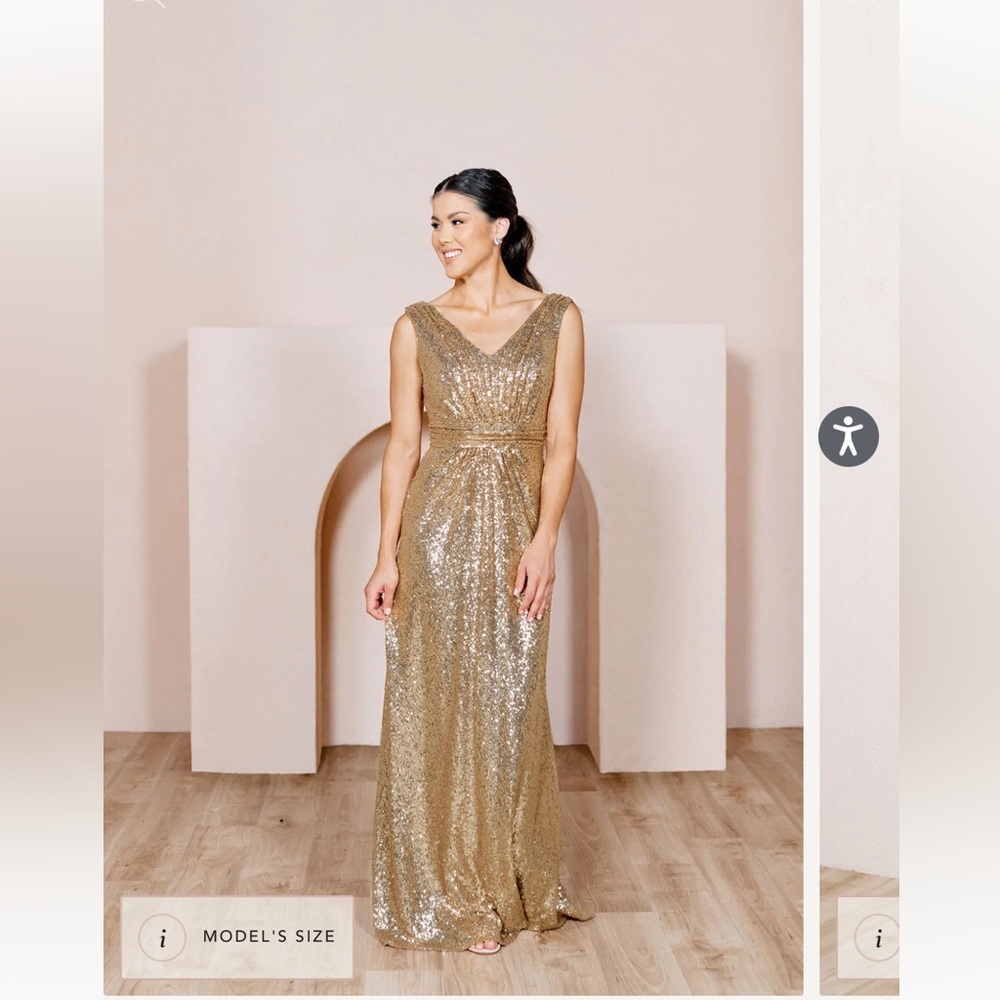 Revelry gold sequin bridesmaid dress (heavily altered for 9 month pregnant)
